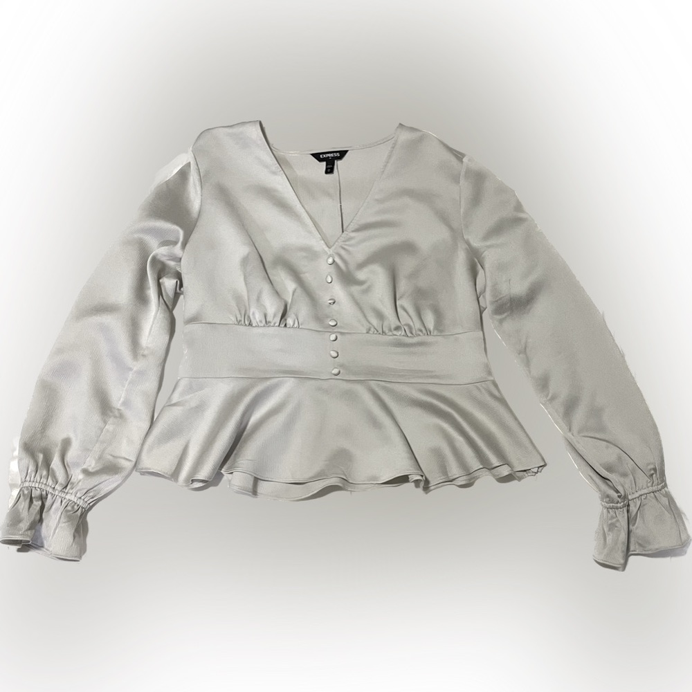 Express Long Sleeve Satin Peplum Blouse Top Cream Off White